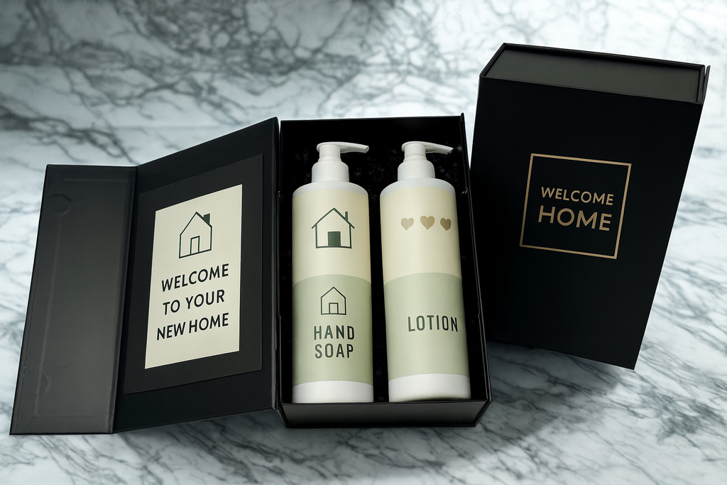 Custom Welcome Home Gift Box (House Warming, Realtor Gifts, Move-ins) | Branded Magnetic Gift Box | 2 x 16 oz. Recyclable HDPE Bottles with Pumps | Made in the USA | Spa Quality Formulas | Paraben Free, Sulfate Free, Cruelty Free