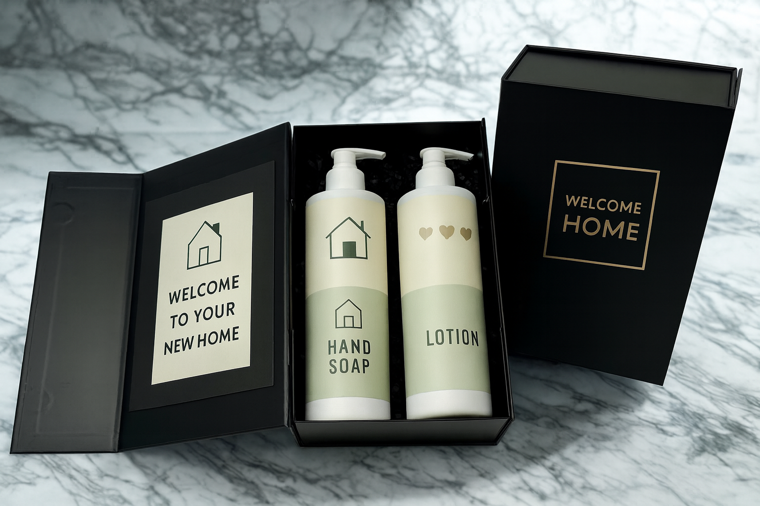 Custom Welcome Home Gift Box (House Warming, Realtor Gifts, Move-ins) | Branded Magnetic Gift Box | 2 x 16 oz. Recyclable HDPE Bottles with Pumps | Made in the USA | Spa Quality Formulas | Paraben Free, Sulfate Free, Cruelty Free