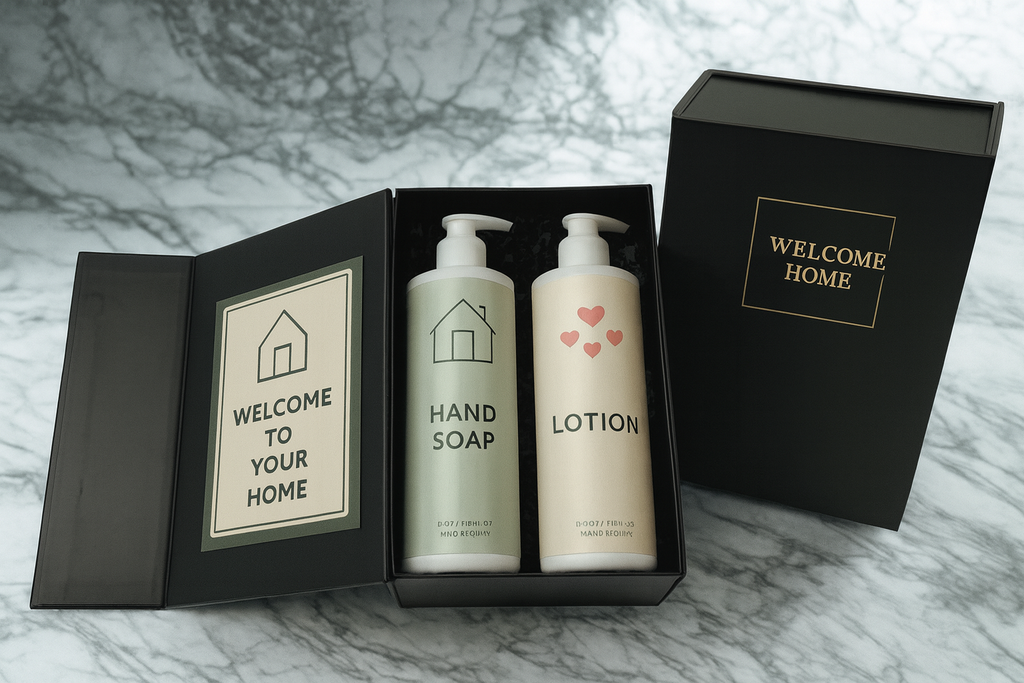 Custom Welcome Home Gift Box (House Warming, Realtor Gifts, Move-ins) | Branded Magnetic Gift Box | 2 x 16 oz. Recyclable HDPE Bottles with Pumps | Made in the USA | Spa Quality Formulas | Paraben Free, Sulfate Free, Cruelty Free