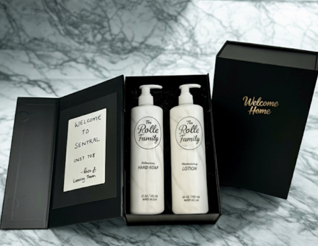 Custom Welcome Home Gift Box (House Warming, Realtor Gifts, Move-ins) | Branded Magnetic Gift Box | 2 x 16 oz. Recyclable HDPE Bottles with Pumps | Made in the USA | Spa Quality Formulas | Paraben Free, Sulfate Free, Cruelty Free